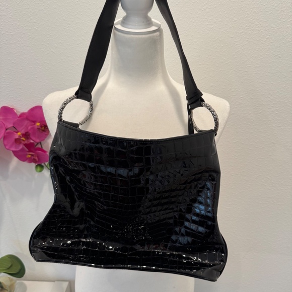 Brighton Black Patent Leather Croc Embossed Handbag - Picture 7 of 14